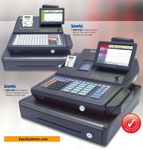 Sam4s SPS530 Shop Till with raised keys or flat keys. SPS520 with 2-station printer. Retail POS System.